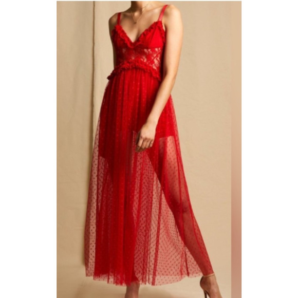 Choosy Dresses & Skirts - NWT Choosy Red Lace Swiss Dot Maxi Dress 18 Built in Shorts Romantic Sexy Date